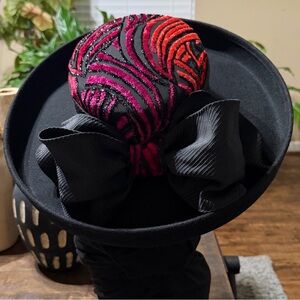 EUC Elegant Black Hat with Red and Pink Accents